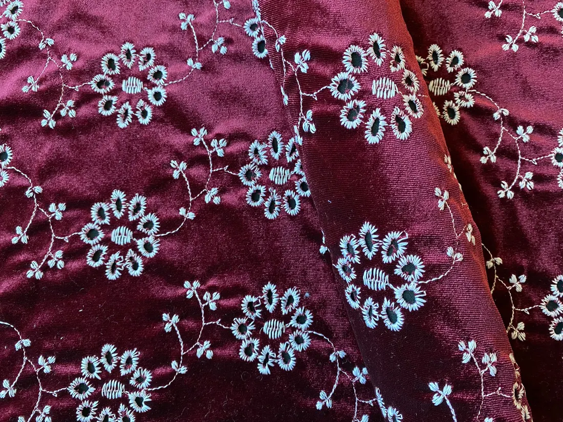 Bordo Kadife Bohrerli Brode Kumaş