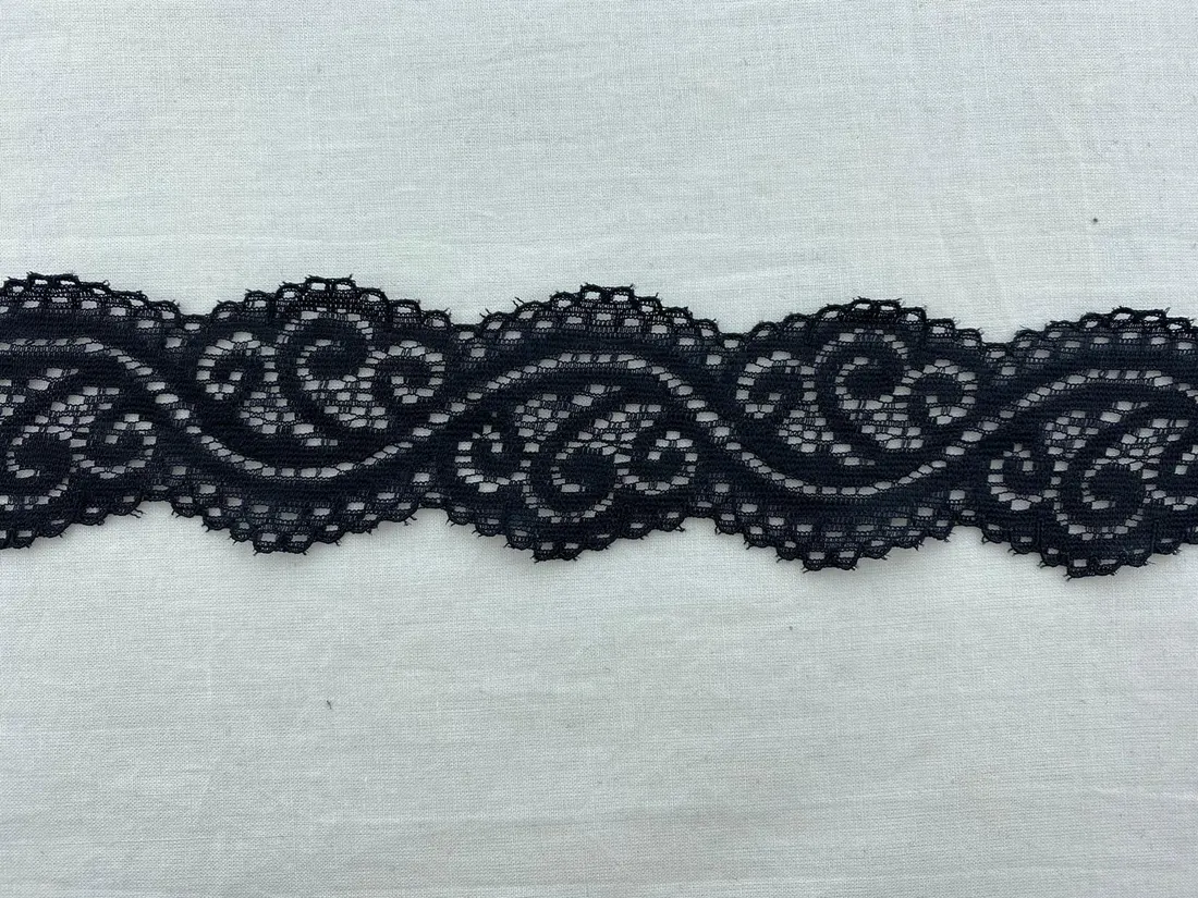 Siyah Likralı Polyester Dantel Bant, İthal, 4,5 cm
