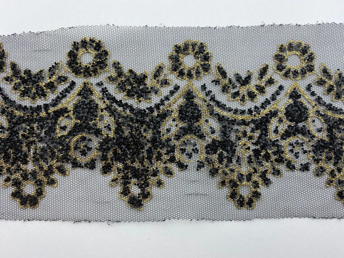 10 cm Siyah-Gold Simli Tül Üzeri Polyester Brode