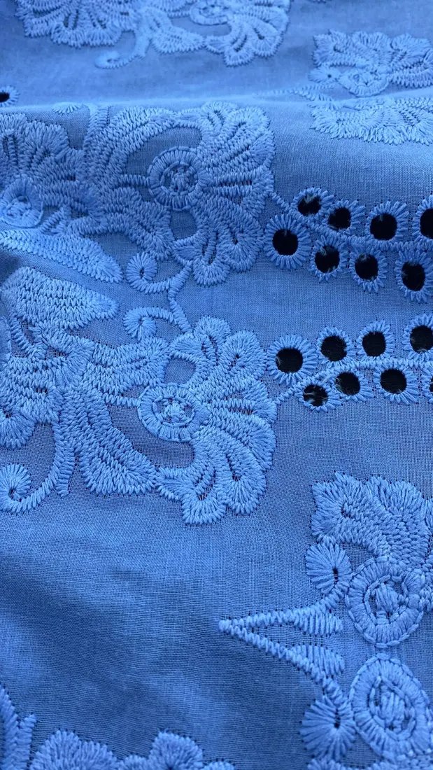 Mavi Kordlu Broderie Kumaş – İthal Pamuk Vual | 135 cm En