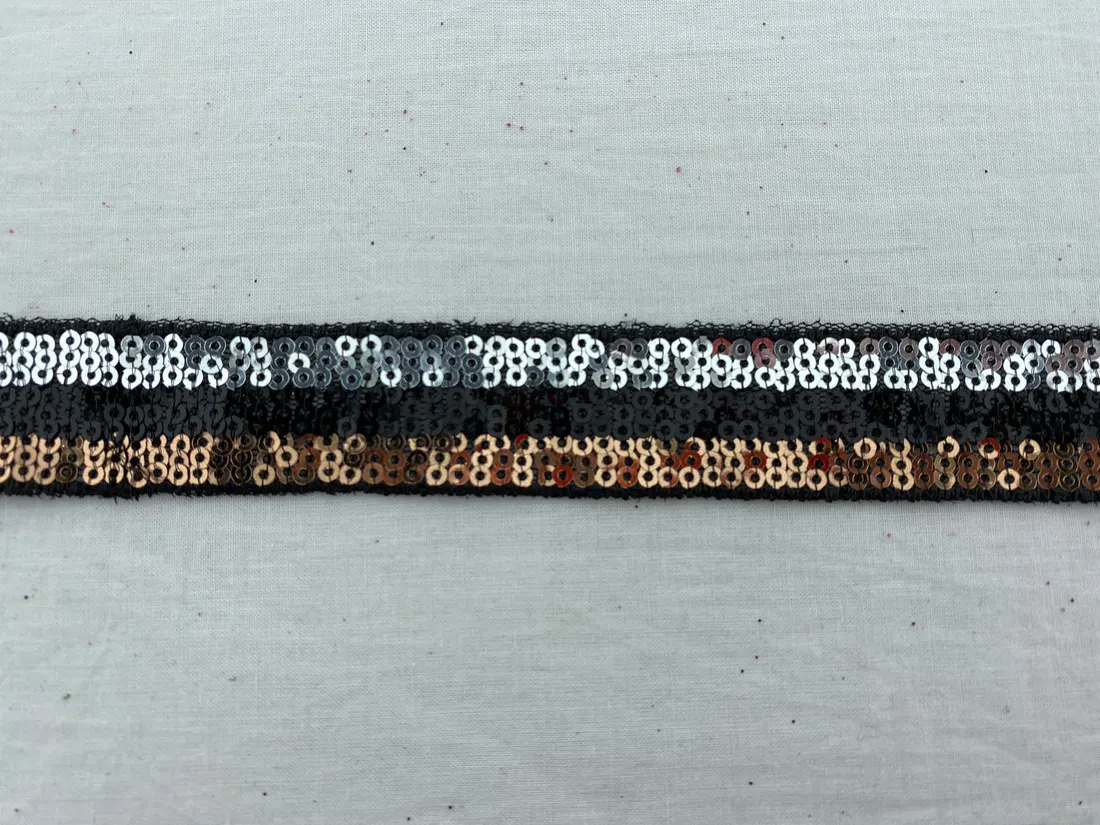 Siyah Mesh Üzeri Gümüş-Siyah-Bakır Pullu Bant, 2.5 cm