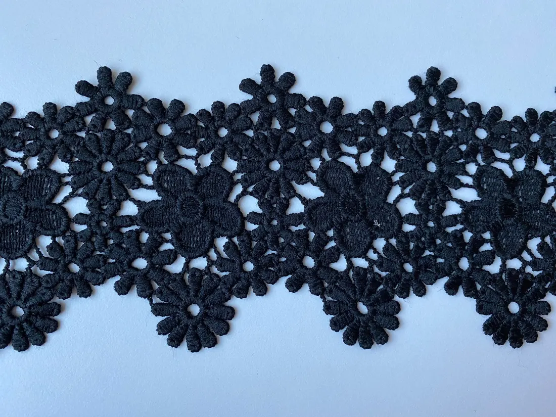 Siyah Mat Polyester Güpür Brode Bant, 9 cm