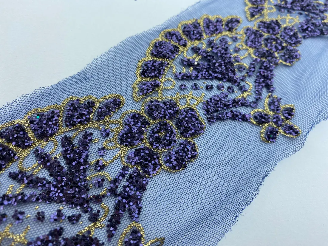 9,5 cm Lacivert Simli Tül Üzeri Polyester İthal Brode Bant