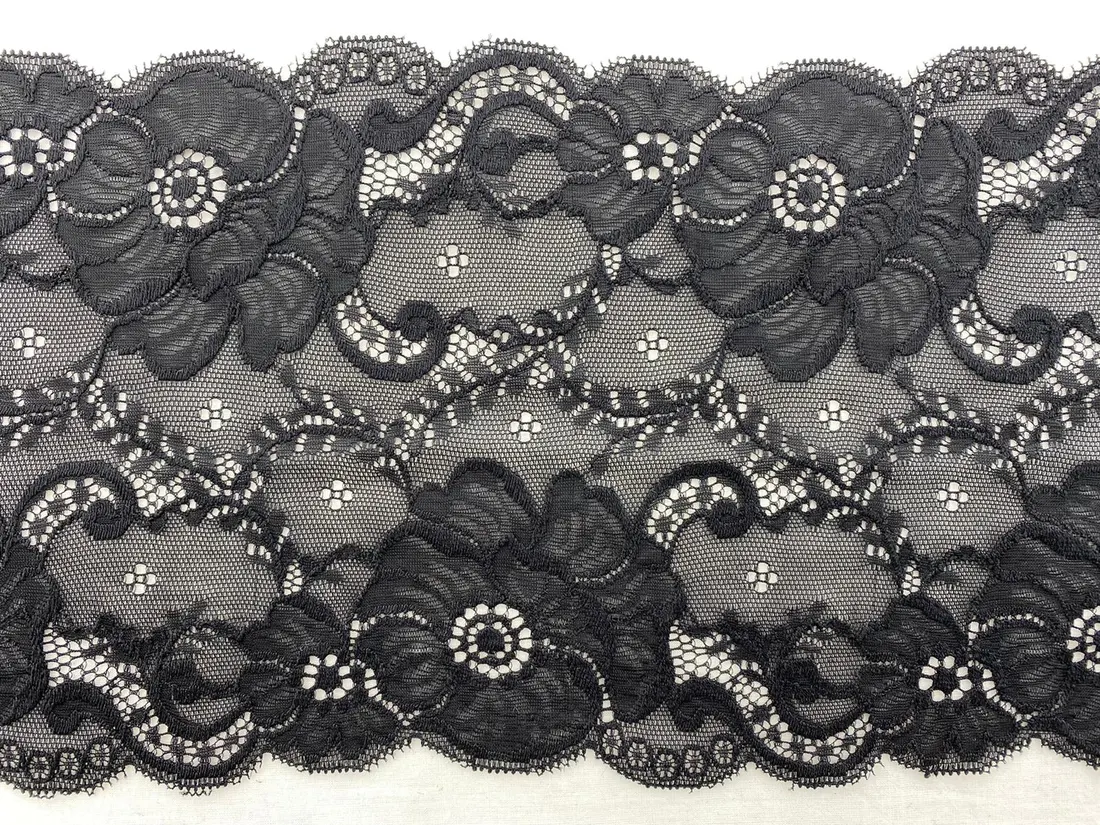 Siyah Likralı Polyester Dantel Bant, İthal, 17 cm