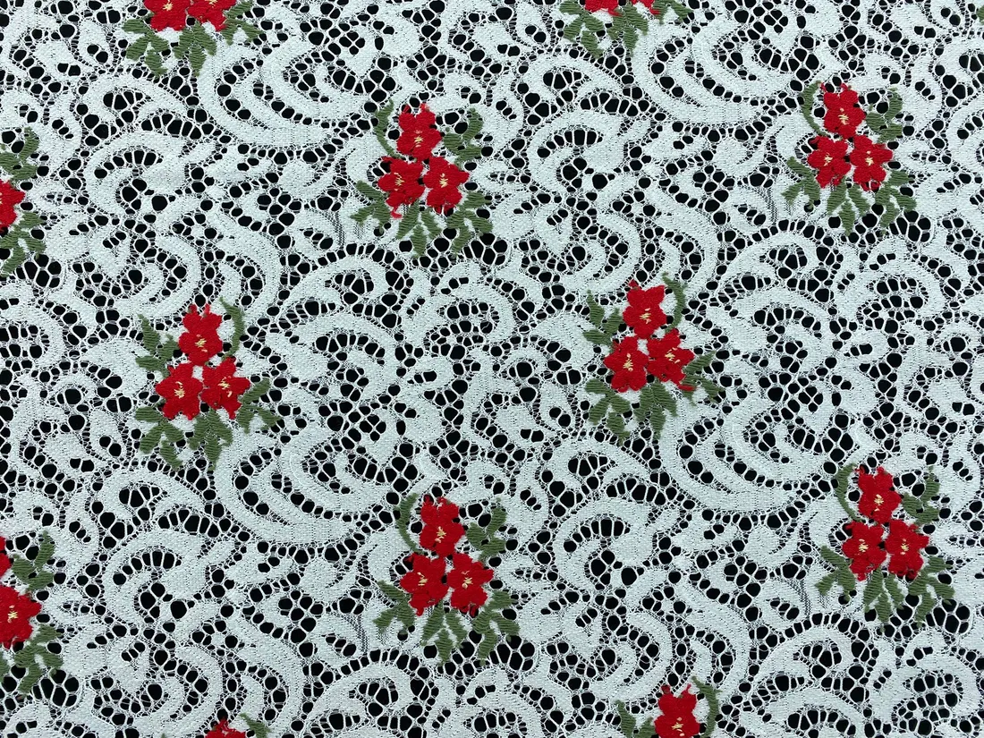 Beyaz Zemin Kırmızı Çiçek Desenli Polyester Dantel