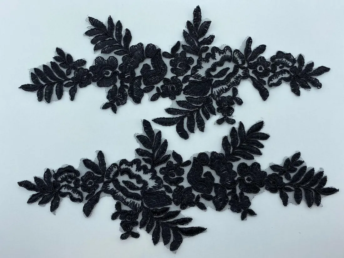 Siyah Düz Kordineli Aplik Polyester Brode Kumaş