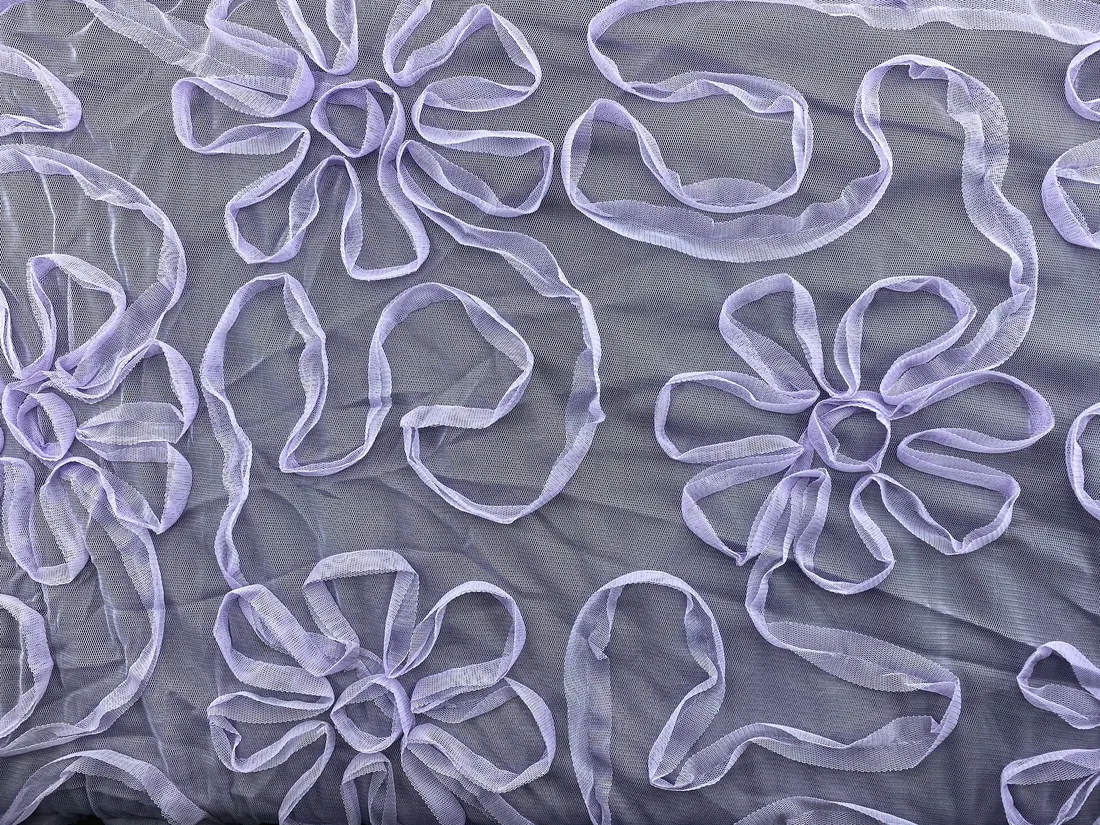 Lila Nakışlı Süzeneli Tül Kumaş - 130 cm Yerli Üretim