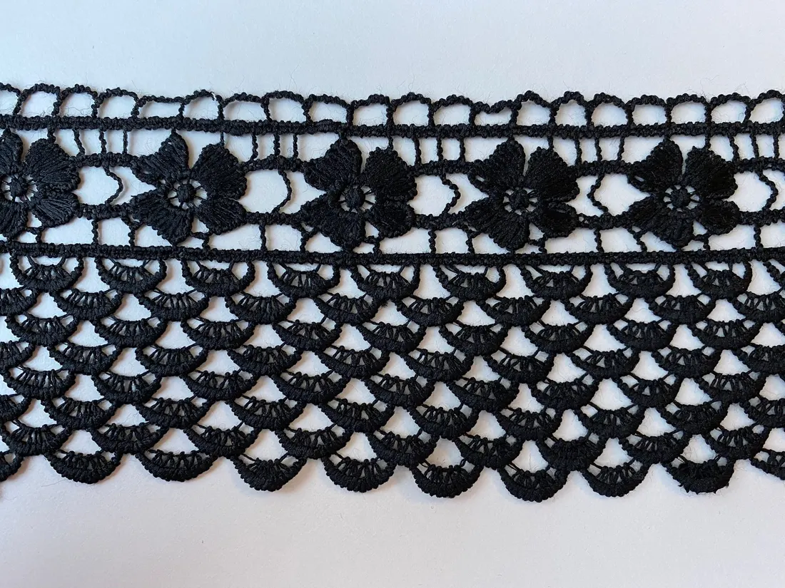 Siyah Mat Polyester Güpür Brode Bant, 8 cm
