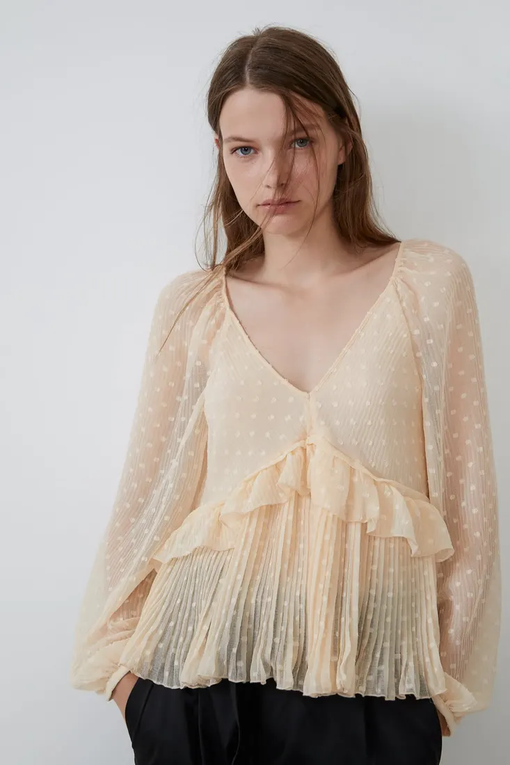 Bej Puantiyeli Pliseli Tül Kumaş, Polyester