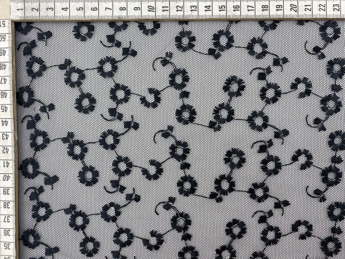 Siyah Tül Üzeri Pamuk Polyester Brode - Yerli Üretim (3129)