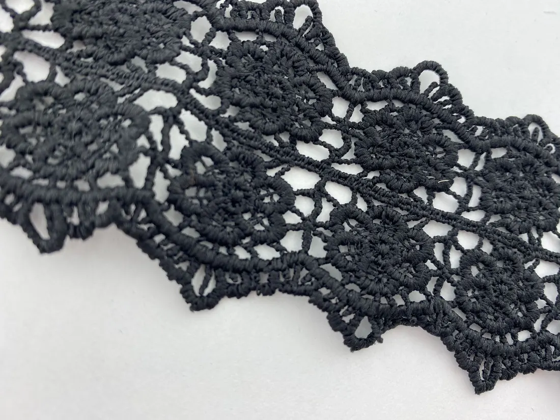 Siyah Mat Polyester Güpür Brode Bant, 6 cm